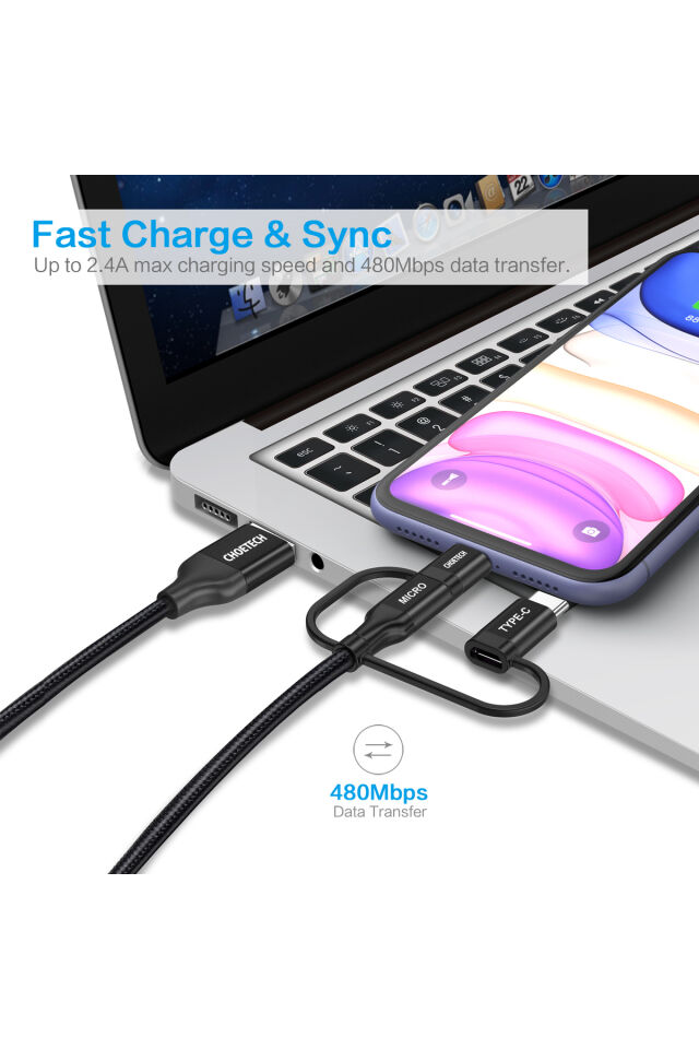 Choetech 3in1 Lightning + USB-C + Micro USB Hızlı Şarj ve Data Kablosu-MFI Lisanslı