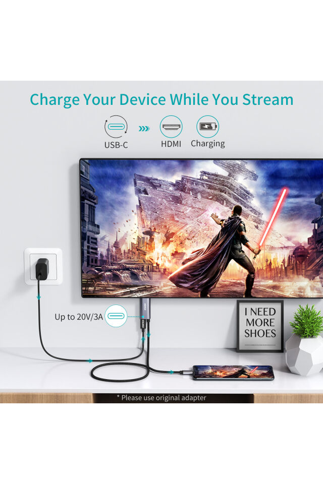 Choetech USB Type C - HDMI Kablosu 60W Güç Dağıtımı Şarj Bağlantı Noktası Adaptörü 6FT (XCH-M180)